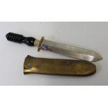 A divers knife, the double sided and serrated edge 20cm blade inscribed 0433-431-7338 Non Magnetic,
