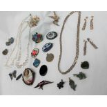 A silver necklace together with assorted costume jewellery including cufflinks, brooches, pendants,