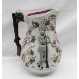 A 19th century pottery jug decorated with soldiers leaning on their rifles with a rifle handle, 19.