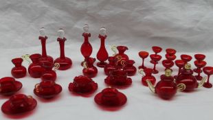 Miniature cranberry glass decanters, goblets,