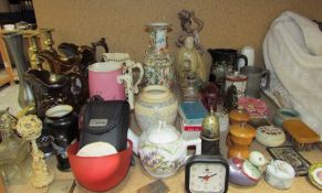 Assorted copper lustre jugs, Lladro Spanish figure, brass candlesticks,