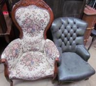 A Victorian style button back upholstered nursing chair together with another elbow chair