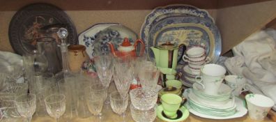 Glass vases together with glass decanters, drinking glasses, blue and white pottery plates,