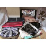 Assorted Lady's clutch bags, cased vanity set,