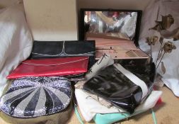 Assorted Lady's clutch bags, cased vanity set,