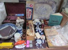 A Victorian rosewood jewellery box together with a blue and white bowl, Pelham puppet, stamps,