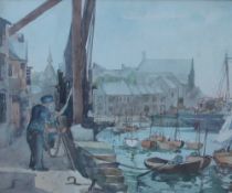 20th century British School Boats in a harbour Watercolour 22 x 27cm