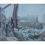 20th century British School Boats in a harbour Watercolour 22 x 27cm