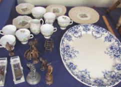 A blue and white meat plate together with a part tea set, brass figures,