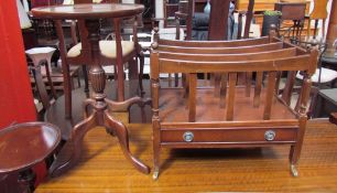 A pair of reproduction mahogany torcheres together with a wine table and a Canterbury