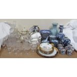 A Chinese crackle glaze vase together with a part tea set, collectors plates, decanters,
