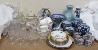 A Chinese crackle glaze vase together with a part tea set, collectors plates, decanters,