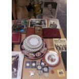 Assorted postcard photographs of stage and screen, together with coins, Imari plate,