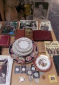 Assorted postcard photographs of stage and screen, together with coins, Imari plate,