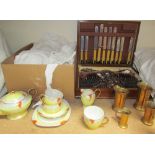 Assorted linen together with a cased part flatware service, brass measures,