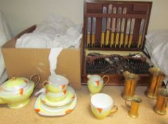Assorted linen together with a cased part flatware service, brass measures,