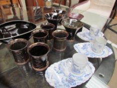 Assorted studio pottery beakers together with cups and saucers etc