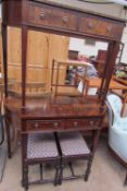 Two reproduction mahogany side tables together with a pair of oak stools