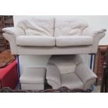 A leather upholstered three seater settee together with an arm chair and a foot stool