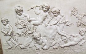 A faux marble panel of cherubs riding a lion