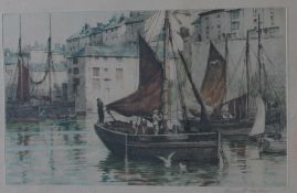 Henry G Walker Boats in a harbour A Coloured Etching Signed in pencil to the margin 17 x 28.