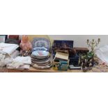 Silver wine labels together with an onyx candelabra, tea caddy, fur stoles, cameras,