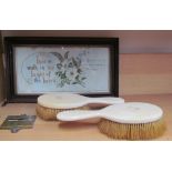 Ivory handled hairbrushes together with door locks and a print