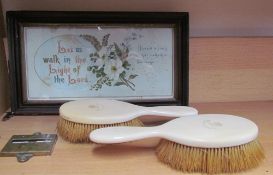 Ivory handled hairbrushes together with door locks and a print