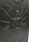 A Carron Company cast iron war trophy plaque decorated with spears, flags, helmets etc,