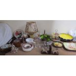 An oak barometer together with treen tea caddies, Poole pottery bowl,