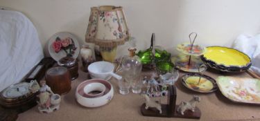 An oak barometer together with treen tea caddies, Poole pottery bowl,