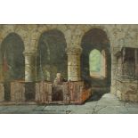 Attributed to Louise Rayner A church interior Watercolour Inscribed to the mount and label