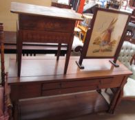 A modern console table with two drawers together with a sewing table and an embroidered fire screen