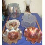 Two carnival glass pedestal bowls together with a glass cake stand,