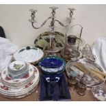 An electroplated candelabra together with other electroplated wares, part dinner set,