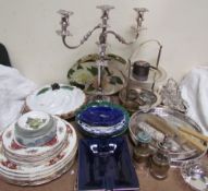 An electroplated candelabra together with other electroplated wares, part dinner set,