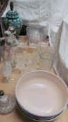 A Poole pottery bowl together with pottery table lamps, glass bowls, decanter,