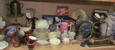 A copper lustre jug together with brassieres, part tea sets, pottery jugs, mantle clock, gong,