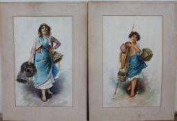 Scotti A young Italian fishing girl carrying a bucket and nets Watercolour Signed 48 x