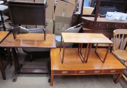 An oak side table together with an oak stool with a hinged top,