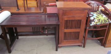 A hardwood desk together with a side cabinet with slatted front and a bar chair