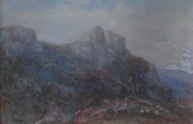 James Harris Jnr A Mountainous landscape with sheep in the foreground Watercolour Signed 15.
