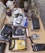 Assorted cameras, epns, decanter stand, together with Thai pewter tankards,