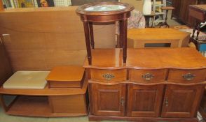 A teak telephone table together with a sideboard and a Jack Russell table