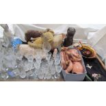 A mohair teddy bear together with other teddy bears, dolman drinking glasses, carved African head,