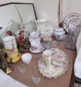 An Art Deco style walnut framed wall mirror together with a Royal Doulton series ware vase,