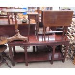 A reproduction mahogany console table together with a burr walnut wine table,