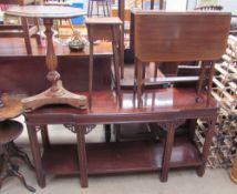 A reproduction mahogany console table together with a burr walnut wine table,