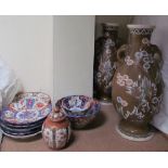 A Japanese Kutani vase and cover together with Japanese Imari plates,