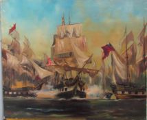 Dion Pears War ships in battle Oil on canvas Signed 76 x 91cm